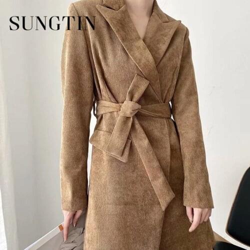 Sungtin Long Korean Vintage Blazer Women with Belt Loose Casual Blazer Windbreaker Female Elegant Corduroy Chic Blazer Coat 2021