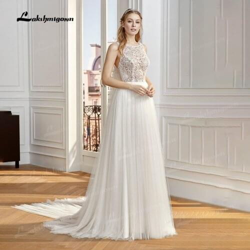 Simple Modern Bohemian Lace Wedding Dress Sleeveless A Line Lace Bridal Gowns Open Back vestido de noiva 2020 Scoop Neck