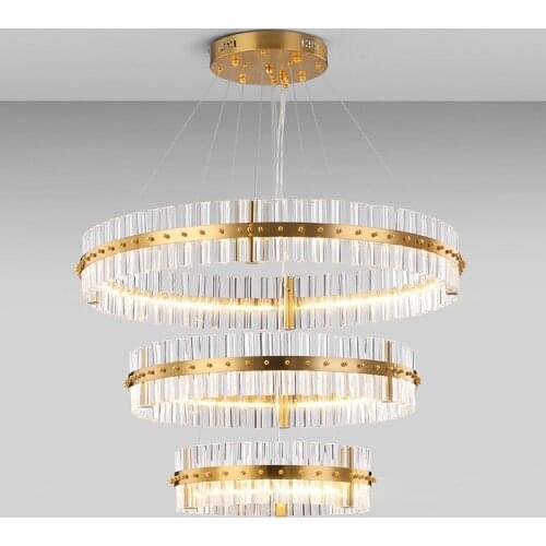 Home Gold led circle pendant light hanging crystal Bar light fixture for Foyer Hotel Lobby round Led strip crystal pendant lamp