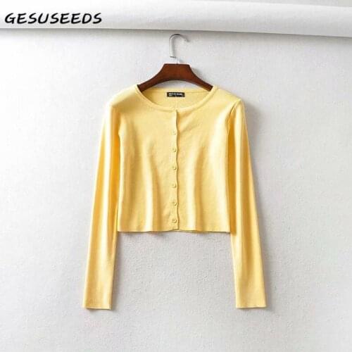 Vintage sweater women knitted cropped sweater long sleeve o neck top korean button up cardigan black yellow sweater spring 2021