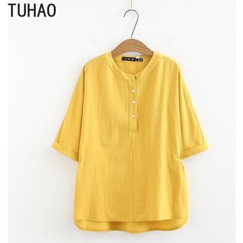 TUHAO Womens Tops and Blouses 4XL 3XL 2XL Plus Size Womens Summer Cotton and Linen Short-sleeved Candy Color Shirt Thin Top