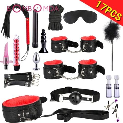 Sex Vibrators 17 Pcs/Set Adult Sex Toys for Couples Vibrator Anal Dildo Plug Handcuffs Whip Spanking PU leather BDSM Fetish Tool