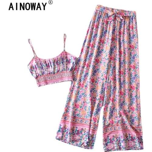 Vintage chic Women two piece outfits strap Sleeveless tops Bohemian sashes pants 2 pieces rayon cotton Boho sets