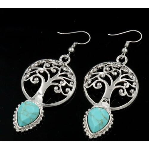 YJXP Water Drop Shape Earrings Green Turquoises Stones Ear Hook Dangle Earring Round Tree of Life Pattern Women Girls Jewelry