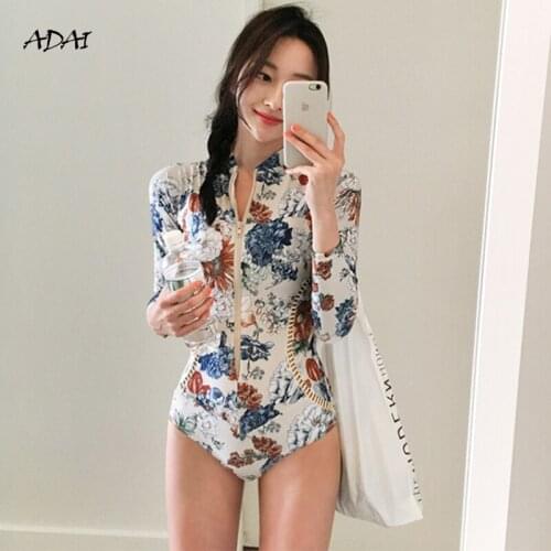 2021 One Piece Swimsuit Women Swimwear Floral Print Long Sleeve Swimming Suit Zipper Bodysuit Monokini Bathing Suit Beach Wear