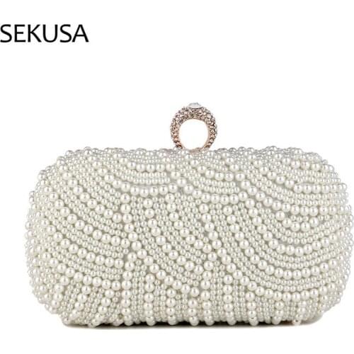 Finger Ring Diamonds Women Evening Bags Beaded Embroidery Clutch Chain Shoulder Small Lady Wedding Bridal Handbags Pearl Purse