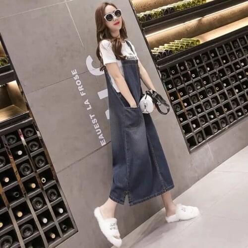 Women 2021 Summer Strap Dress Women Denim Strap Dresses Suit Mid-Length Loose And Thin Strap Dress +T-Shirt Two-Piece Sets Blue