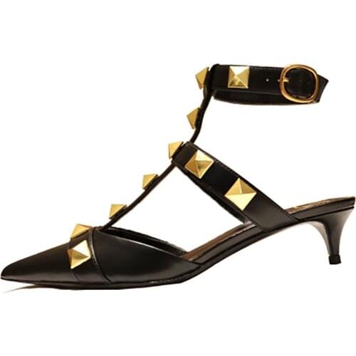 High End Pink Slippers Womens 2021 Spring New Leather Spike Kitten Heel with Simple Belt Buckle Rivet Point-toe Summer Sandal