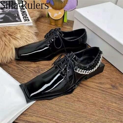 New Square Toe Metal Chain Ankle Strap Women Loafers Shoes Genuine Leather Pearl Chain Derby Shoes Designer Autumn Shoe Woman