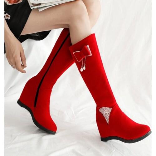 YMECHIC Winter 2019 Woman Lolita Shoes Red Black Princess Butterfly-knot Long Sweet Bling Chain Bead Cute Tall Below Knee Boots