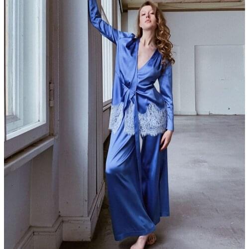 Blue Silk Bridal Bathrobe Two Pieces Long Sleeves Wedding Sleepwear Pants Suit Nightgowns Party Wear Women Dress Kimono