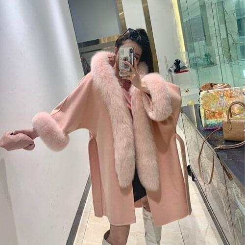 2020 new winter ladies real wool Coat with genuine fox fur collar Thick wool long Jacket Overcoat Female Warm Trench Coats
