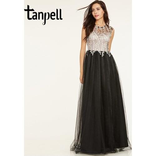 Tanpell long a line evening dress black cap sleeves floor length gown cheap women scoop neck appliques formal evening dresses