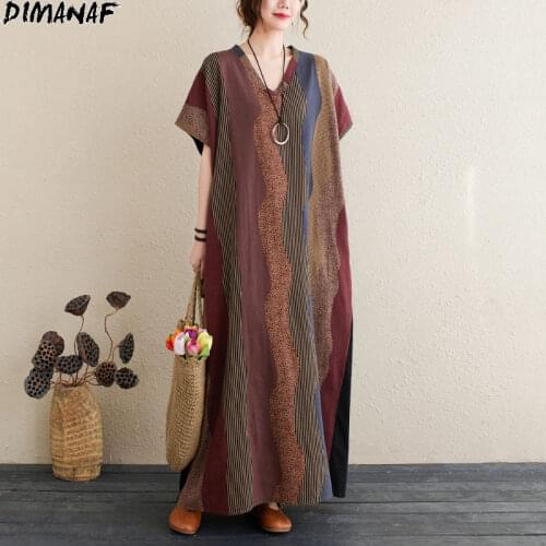 DIMANAF 2021 Plus Size Summer Dress Women Sundress Retro V-Neck Bat Beach Bohemian Striped Linen Dress Oversize Loose Casual
