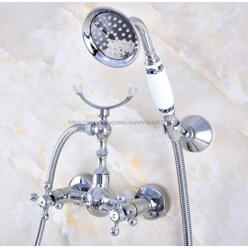 Polished Chrome Wall Mounted Bathroom Shower Faucet Set With Hand Shower Sprayer Mixer Tap Nna724