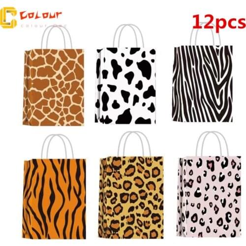 12pcs/lot 22X15X8.2cm Leopard zebra cow Theme Birthday Party Paper Bag Gift Bags with Handles zebra leopard printed paper bag