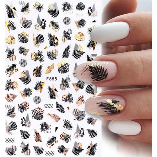 1PC Gold Black Laser Leaves Tree 3D Nail Sticker Holographics Geometrics Lines Adhesive Transfer Sticker DIY Nail Decoration