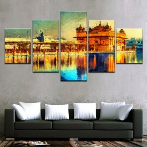 5 Pieces Golden Temple Landscape Abstract Canvas Painting HD Prints Poster Wall Art Pictures Frame Home Decor Living Room