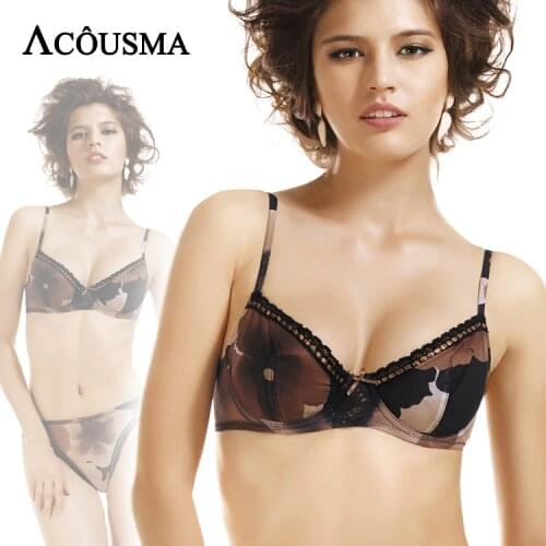 ACOUSMA Women Sexy Bra Sets Print Floral Female Brassiere Lingerie Set With Seamless T Back Thongs