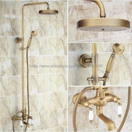 Antique Brass Wall Mounted Bathroom Rainfall Shower Faucet Set with Handshower + Tub Spout Brs148