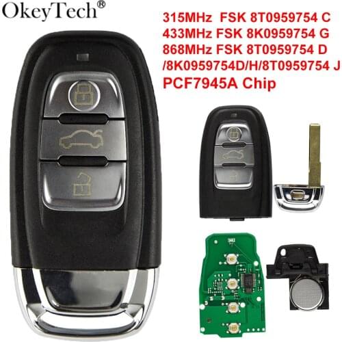 Okeytech 3 Button Car Smart Card Remote Key For Audi A4 S4 A5 S5 Q5 PCF7945A 315/433/868Mhz 8T0959754C 8K0959754G 8T0959754D