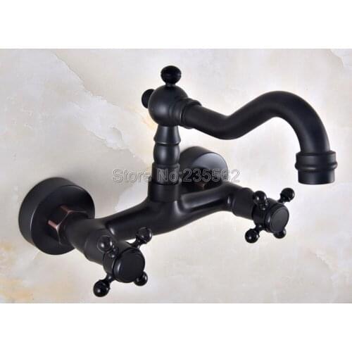 Black Oil Rubbed Bronze Double Cross Handle Wall Mount Kitchen Sink Faucet Bathroom Basin Mixer Tap Lnf812