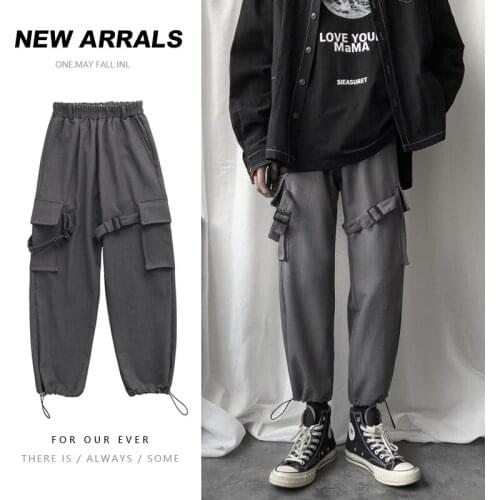 Casual Home Mens Loose Wide Leg Pants Streetwear Men Straight Pants with Lager Pockets Ribbons Fashion Trend Hip Hop Trousers