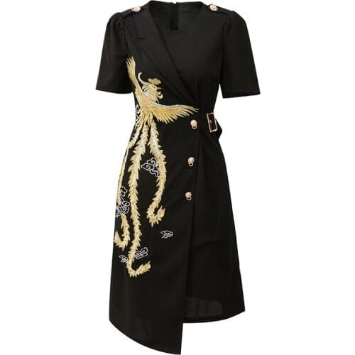 DIDABOLE Designer High Quality New Summer WomenS Exquisite Embroidery Vintage Elegant Irregular Button Decoration Black Dress