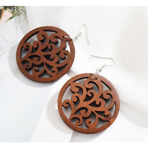 European and American Vintage Jewelry Bohemian Geometric Solid Mahogany Hollow Round Earrings for Women Jewelry