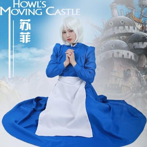 Sophie Hatter Blue Dress Howls Moving Castle Cosplay Costume with Apron