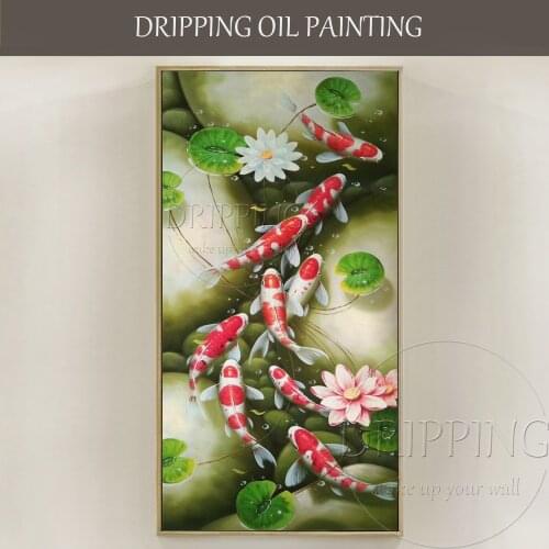 Top Artist Hand-painted High Quality Traditional Chinese 9 Carps Oil Painting Hand-painted Lotus and Fishes 9 Carps Oil Painting