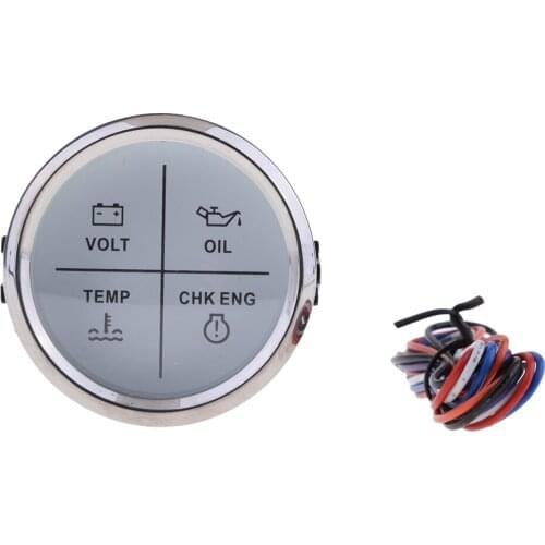 2" 52mm 4 LED Alarm Gauge VOLT OIL TEMP CHK ENG Indicator White Chrome