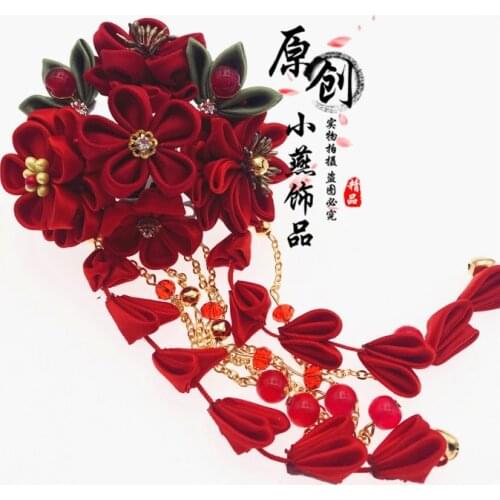 Kimono Pure Handwork Japanese style Hairpin Sakura Tassel Bead Chian Kanzashi Chinese Hanfu Photography Bride Headdress Wine Red