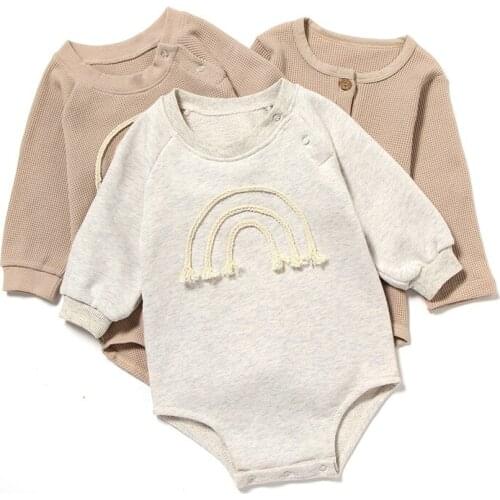 2021 Autumn New Baby Girls Boys Bodysuit Round Collar Long Sleeves Rainbow Cotton Jumpsuit Newborn Casual Clothes