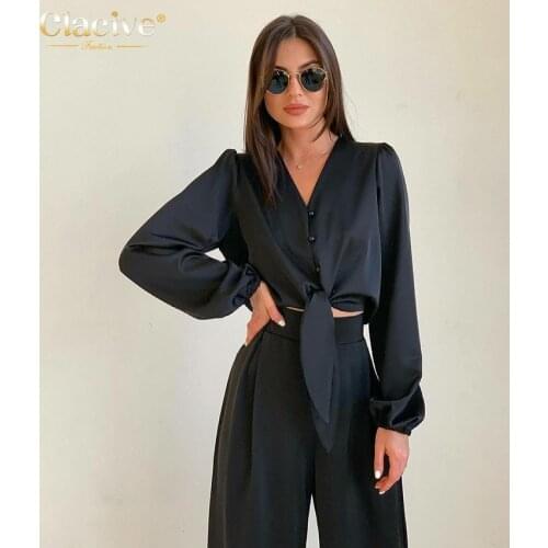Clacive Black Satin Pants Set Women Fashion V-Neck Long Sleeve Blouse Matching Wide Trousers Suit Casual Slim Two Piece Pant Set