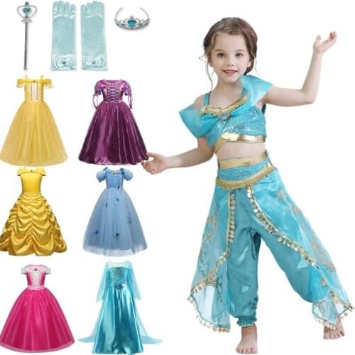5-10Years Halloween Costume for Girls Children Clothing Princess Dress Girl Birthday Cosplay Belle Dress Send Crown New Year