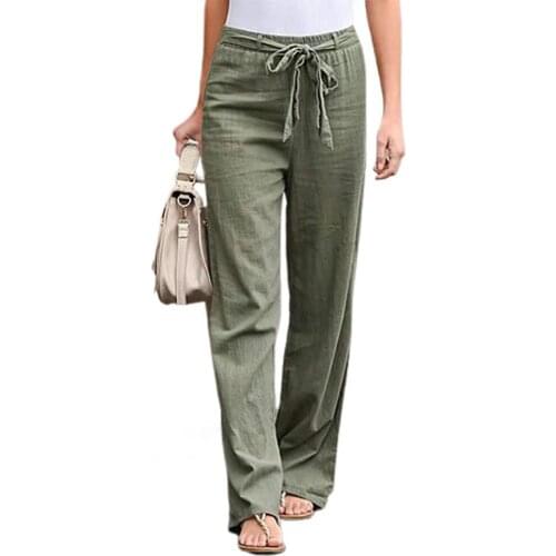 Summer Pants Women Casual High Waist Wide Leg Loose Trousers Plus Size Drawstring Solid Color Office Ladies Pants