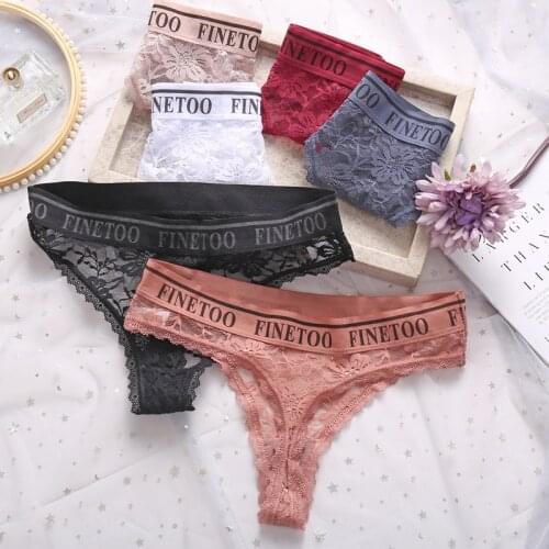 FINETOO Letter Pattern Fashion Lingerie Women Soft Cotton Sexy Lace European Style T-back Pure Color Low-Waist Women Underwear