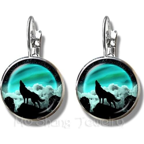 Fashion Silver Plated Stud Earrings Wolf Head Pattern Glass Metal Buckle Punk Jewelry 16mm Glass Dome Earrings Charm For Women