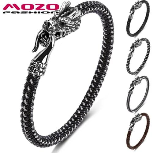 MOZO FASHION 2020 Men Charm Bracelets Black Steel wire Rope Braided Chinese Dragon Domineering Bracelet Punk Women Jewelry 619