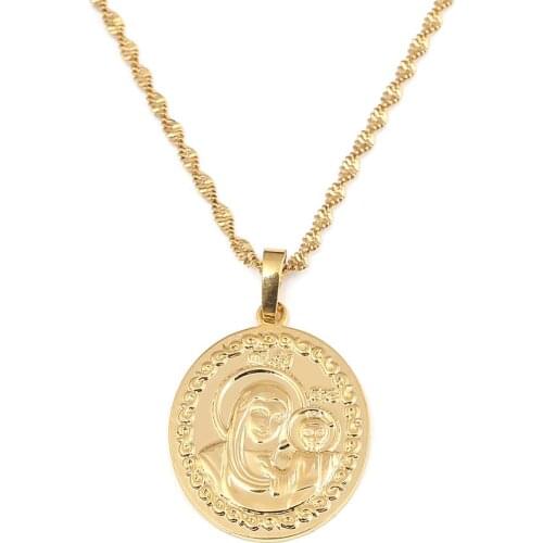 Gold Color Russian Virgin Mary Son Necklace Orthodox Church Pendant Russia Greece Ukraine Jewelry