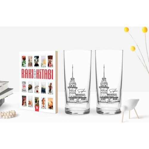 Personalized Colorful Printed Girl Tower Design Dual Arrack Cup and Raki Mobile Book Gift Seti-1