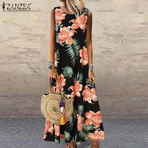 ZANZEA Women Bohemian Flower Printed Sleeveless Dress Summer Floral Beach Party Sundress Sarafans Robe Femme Maxi Long Vestidos