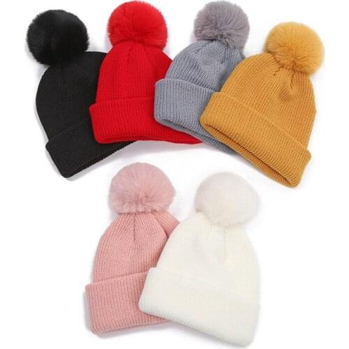 Warm Winter Knitted Hat Cute Pom Poms Furry Ball Beanies for Children Girls Solid Color Beanie Skullies Cap Outdoor Bonnet Gifts