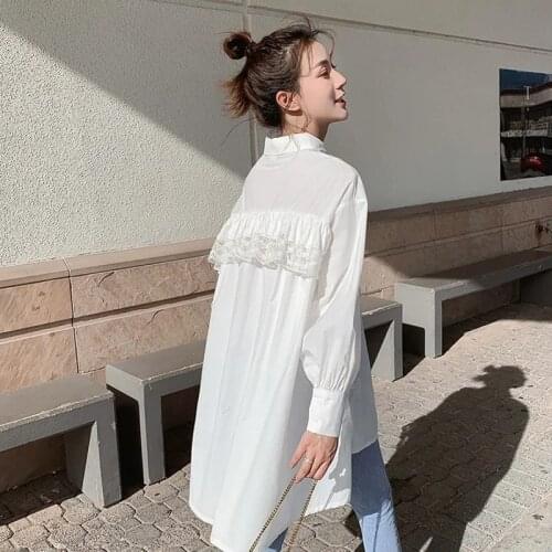 2021 Spring Korea Style Button Full Sleeve Chiffon Women Tunic Shirt Blouse Plus Size Solid Ladies Long Shirt Lace Female Tops