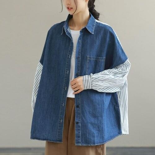 QPFJQD Ladies Turn Down Collar Stripe Denim Blouse Patchwork Long Sleeve Women Casual Fashion Pocket Shirts Spring Autumn