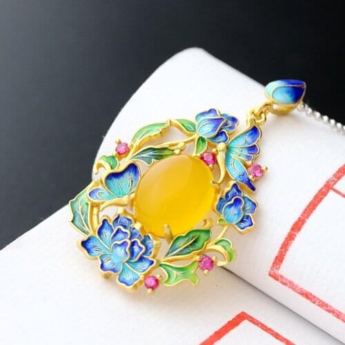 Silver Jewelry Wholesale Cloisonne Retro Thai Silver Pendant S925 Sterling Silver Chalcedony Fashion Female Pendant