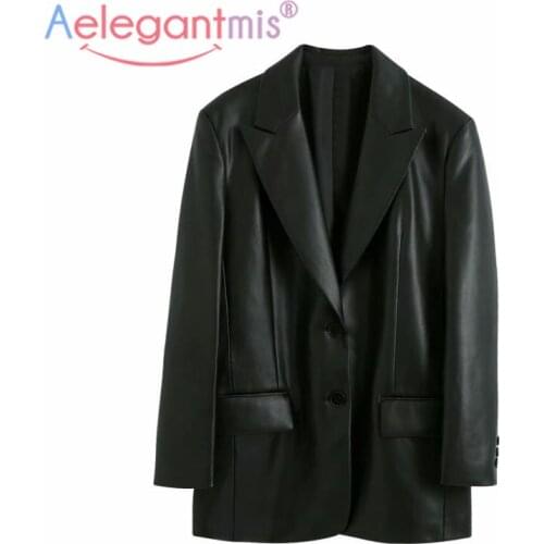 Aelegantmis Women Pu Leather Jacket Vintage Pockets High Street Pockets Vintage Female Pu Jacket Coat Streetwear Soft Cool 2021