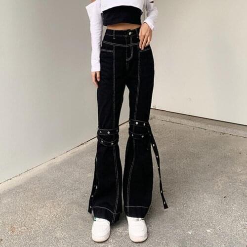 Goth Dark Mall Gothic Grunge Black Jeans Harajuku Punk Wide Leg Women Pants Hip Hop High Waist Bandage Streetwear Rivet Trousers