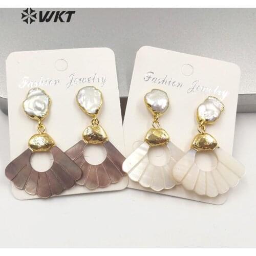 WT-E596 New design shell earring sector shape white shell with pearl studs fashion lady earrings woman fashion earring for gift